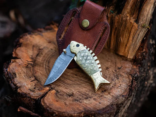 Handmade Fish Pocket Knife – Damascus Folding Knife with Bone Handle & Leather Sheath | Custom EDC Gift