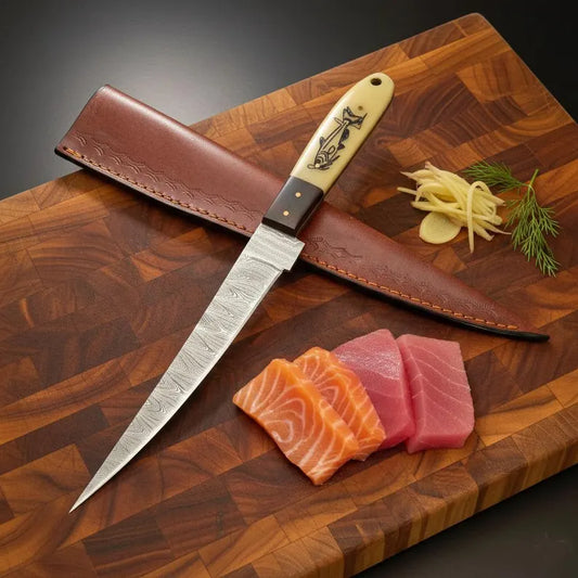 Handmade Damascus Steel Fillet Knife – 13” Fishing Knife with Camel Bone Handle – Personalized Gift for Fisherman & Husband