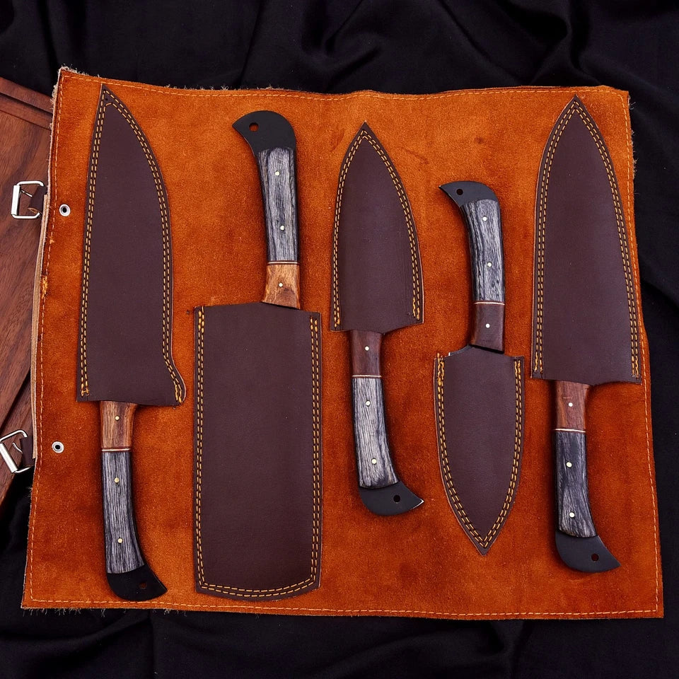 Handmade D2 Hammered Steel 5-Piece Chef Knife Set with Wood Handles & Leather Carry Bag | Knives Zone