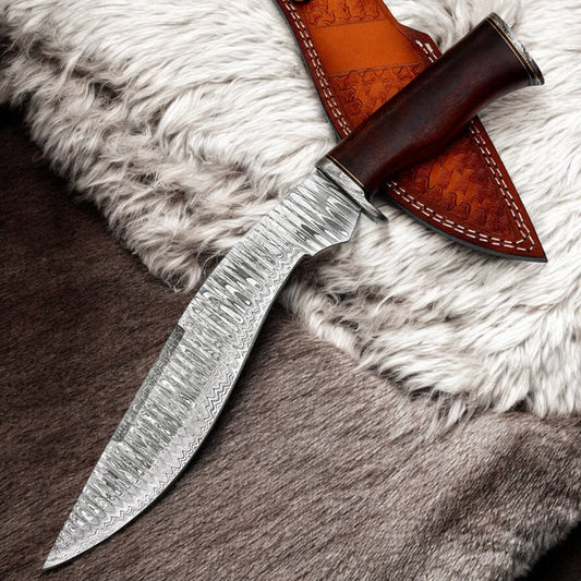 15” Handmade Damascus Kukri Knife with Wooden Handle & Leather Sheath | Custom Hunting & Survival Knife – Knives Zone