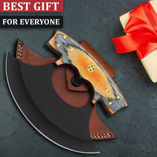 Handmade ULU Pizza Cutter Knife – Razor Sharp Rocker Blade with Pakkawood Handle & Leather Sheath