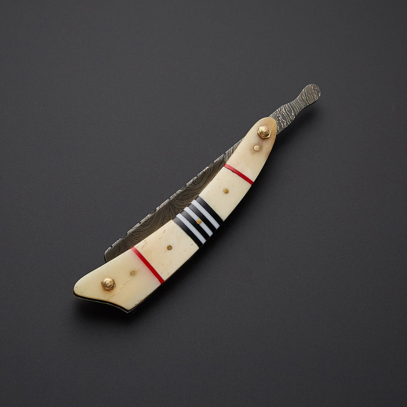 Handmade Damascus Steel Straight Razor with Bone Handle & Leather Sheath | Custom Barber Razor