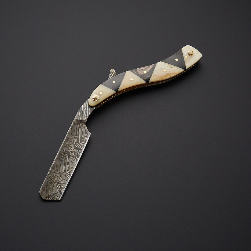 Custom Handmade Damascus Steel Straight Razor with Leather Sheath | Geometric Bone Handle Barber Razor