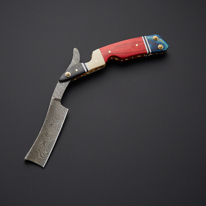 Custom Handmade Damascus Steel Straight Razor with Bone & Wood Handle | Leather Sheath Included