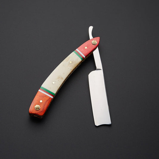 Custom Handmade J2 Steel Straight Razor with Bone & Wood Handle & Leather Sheath