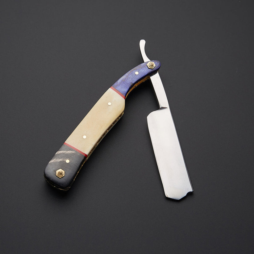 Custom Handmade J2 Steel Straight Razor with Bone & Wood Handle | Leather Sheath Included