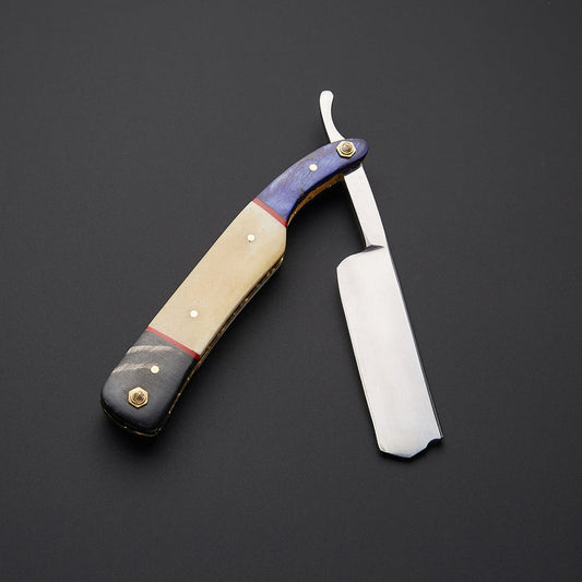 Custom Handmade J2 Steel Straight Razor with Bone & Wood Handle | Leather Sheath Included
