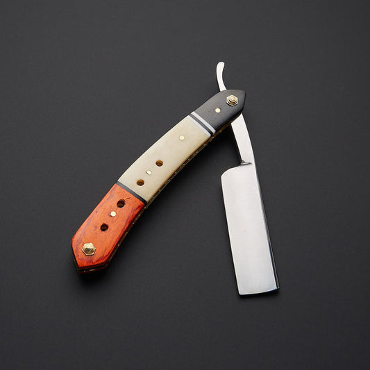 Custom Handmade J2 Steel Straight Razor with Bone & Wood Handle and Leather Sheath
