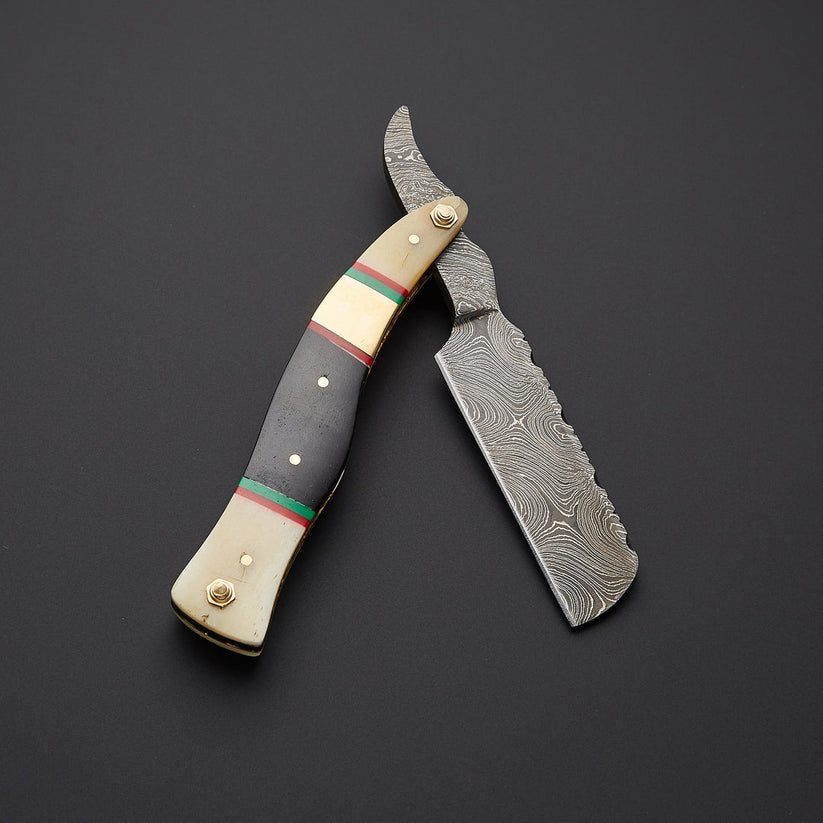 Artisan Handmade Damascus Steel Straight Razor with Bone & Wood Handle and Leather Sheath