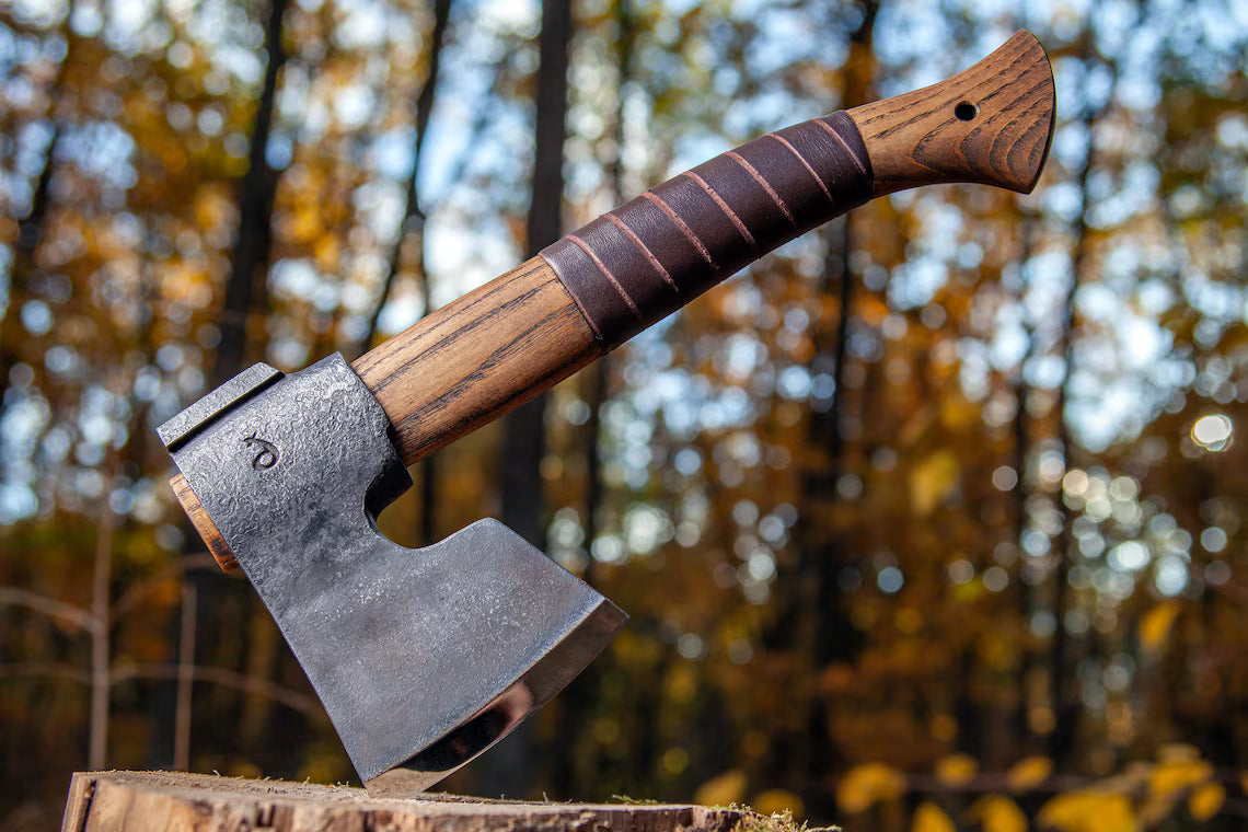 Hand Forged Finnish Bearded Axe – Compact Scandinavian Camping Hatchet with Leather Sheath