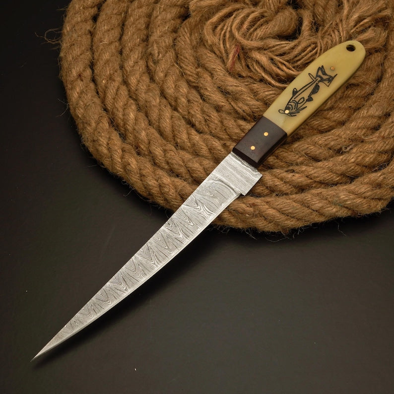 Handmade Damascus Steel Fillet Knife – 13” Fishing Knife with Camel Bone Handle – Personalized Gift for Fisherman & Husband
