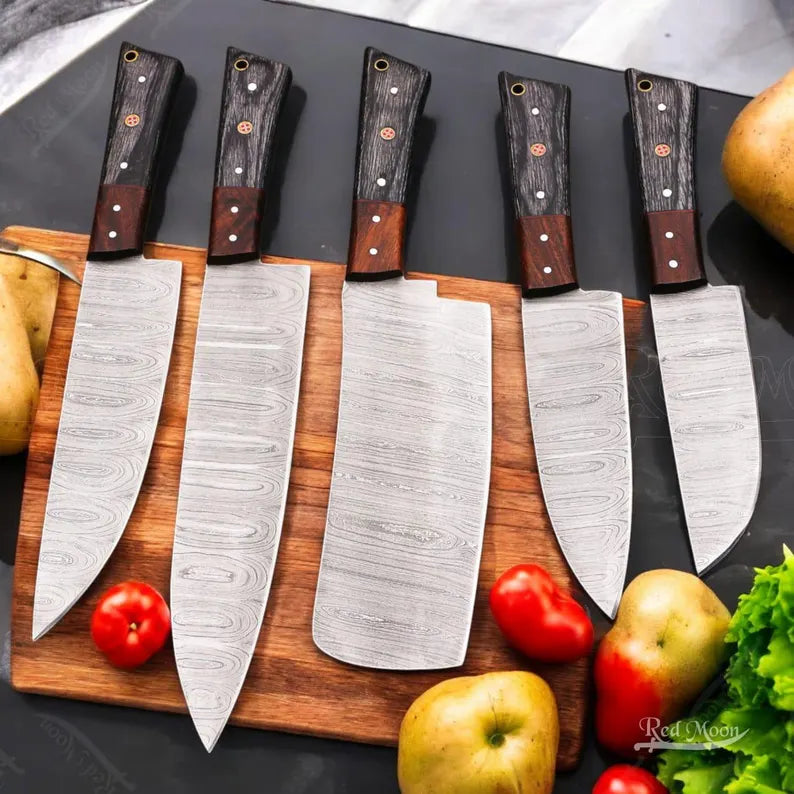 Hand Forged Damascus Steel Chef Knife Set 5 Pcs | Rosewood & Pakka Wood Handle Kitchen Knives