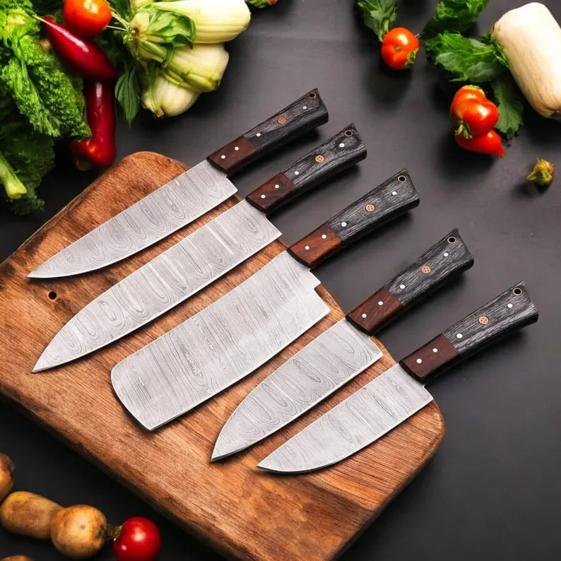 Hand Forged Damascus Steel Chef Knife Set 5 Pcs | Rosewood & Pakka Wood Handle Kitchen Knives