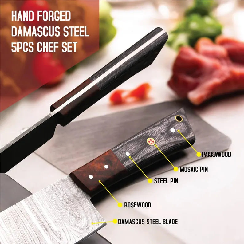 Hand Forged Damascus Steel Chef Knife Set 5 Pcs | Rosewood & Pakka Wood Handle Kitchen Knives