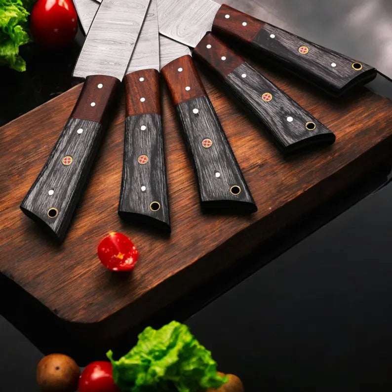 Hand Forged Damascus Steel Chef Knife Set 5 Pcs | Rosewood & Pakka Wood Handle Kitchen Knives