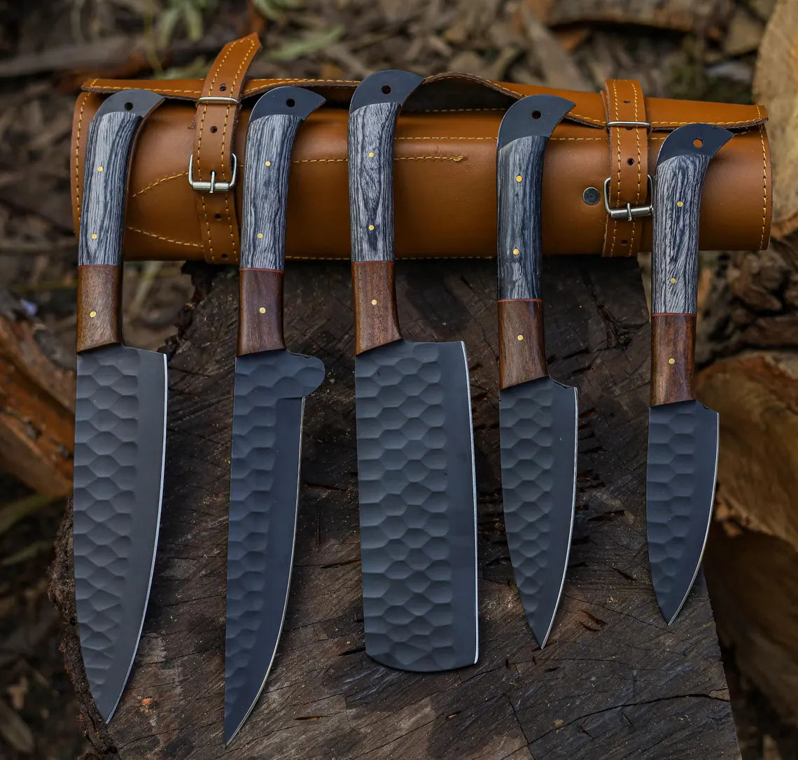 Hand Forged J2 Stainless Steel Chef Knife Set – 5-Piece Black Powder Coated Kitchen Knives with Leather Roll | Knives Zone