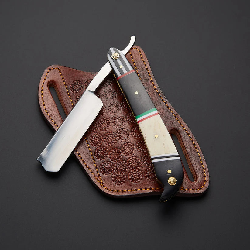Custom Handmade J2 Steel Straight Razor with Bone & Wood Handle | Leather Sheath Included