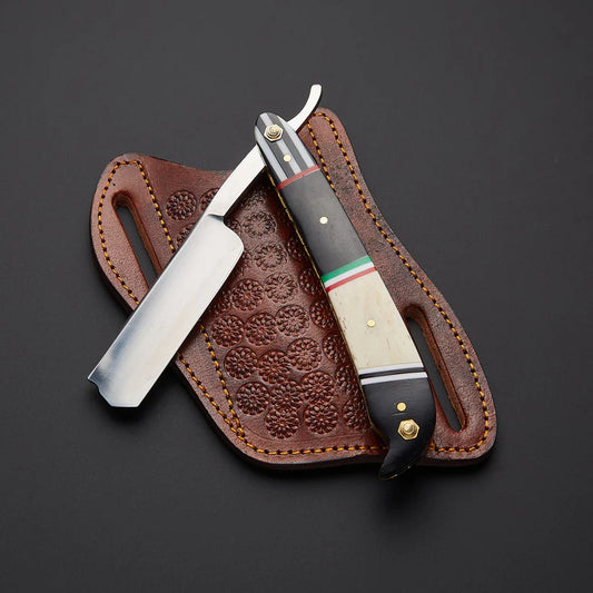 Custom Handmade J2 Steel Straight Razor with Bone & Wood Handle | Leather Sheath Included