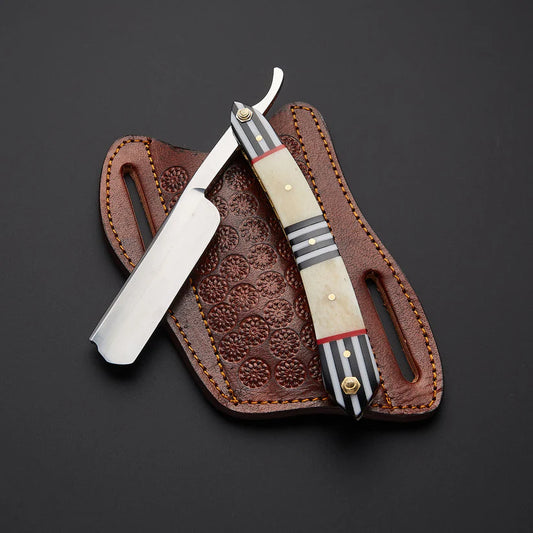 Handmade J2 Steel Straight Razor with Bone Handle & Vegetable-Tanned Leather Sheath | Knives Zone