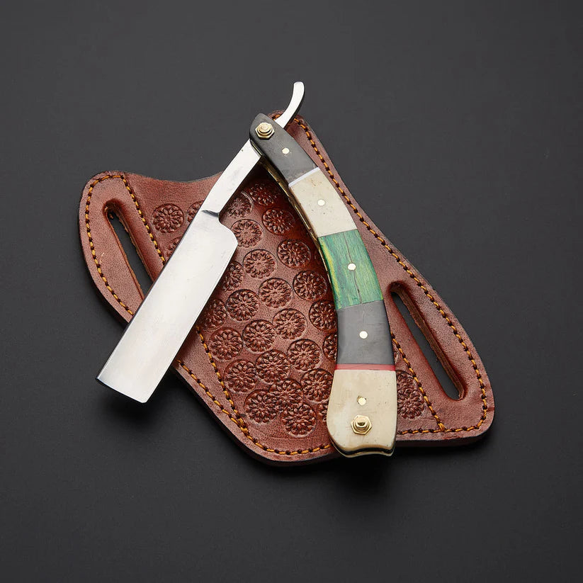 Custom Handmade J2 Steel Straight Razor with Bone & Wood Handle + Leather Sheath | Knives Zone