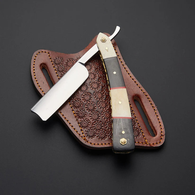 Custom Handmade J2 Steel Straight Razor with Bone & Wood Handle | Leather Sheath Included