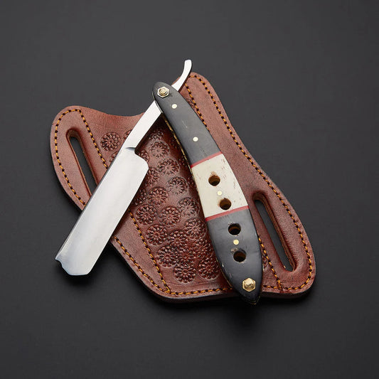 Handmade J2 Steel Straight Razor with Bone & Wood Handle and Leather Sheath – 9 Inch Traditional Barber Razor
