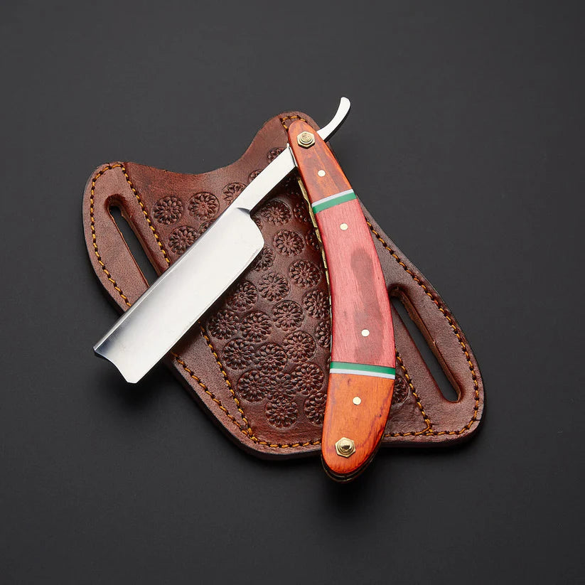 Handmade J2 Steel Straight Razor with Hardwood & Fiber Handle and Leather Sheath – 9” Traditional Shaving Razor