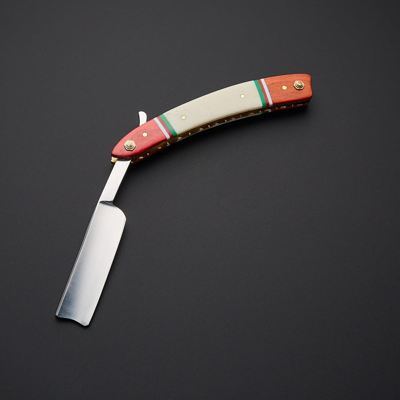 Custom Handmade J2 Steel Straight Razor with Bone & Wood Handle & Leather Sheath
