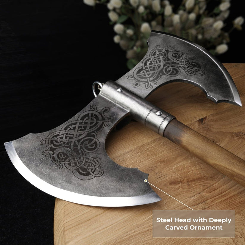 Handcrafted Jotungard Viking War Axe – Double-Blade Norse Axe with Ash Wood Shaft