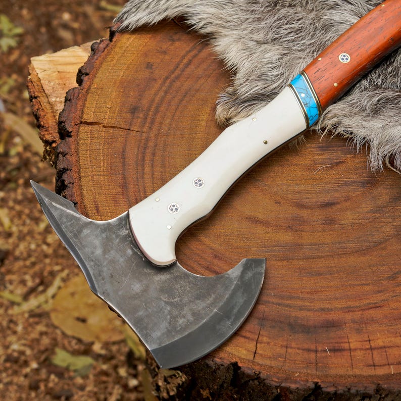 Handmade 1095 High Carbon Steel Camping Hatchet | Paddock Wood Handle Bushcraft Axe with Leather Sheath
