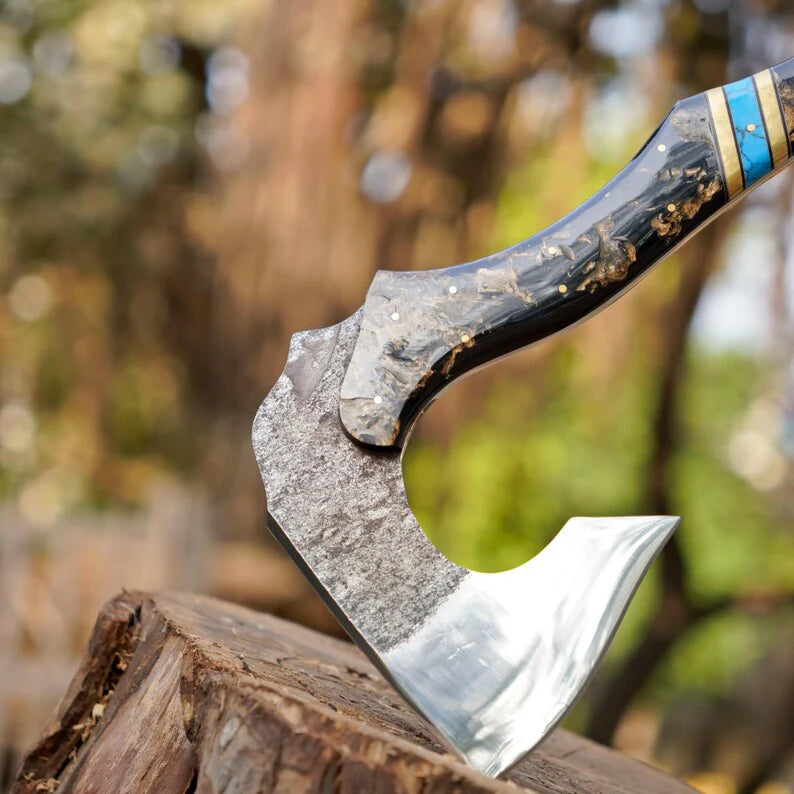 Handcrafted Camping Hatchet Axe with Resin & Turquoise Handle | 1095 High Carbon Steel Hunting Axe with Leather Sheath