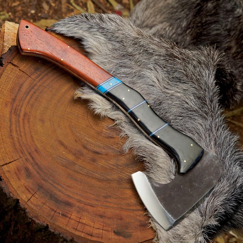 Handcrafted 1095 High Carbon Steel Camping Axe with Turquoise & Paddock Wood Handle | Premium Bushcraft Hatchet