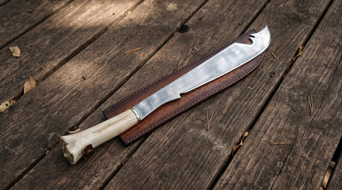 17" Handmade Predator Elder Fantasy Knife – 1095 Steel Blade with Camel Bone Handle & Premium Leather Sheath