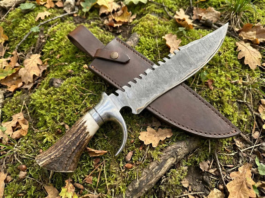18" Handmade Copper Damascus Bowie Knife with Stag Antler Handle | Custom Fixed Blade Hunting & Collector Knife