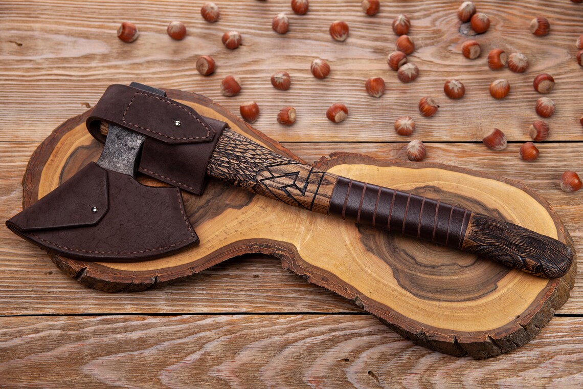 Odin Baltic Hand-Forged Axe – 18.5" Carved Ash Wood Camping Hatchet with Leather Sheath