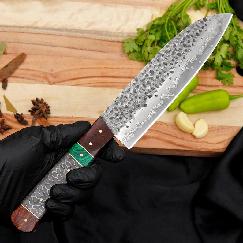 Handmade Damascus Chef Knife 7 Inch | 440C Stainless Steel Blade with Malachite, Resin & Rosewood Handle