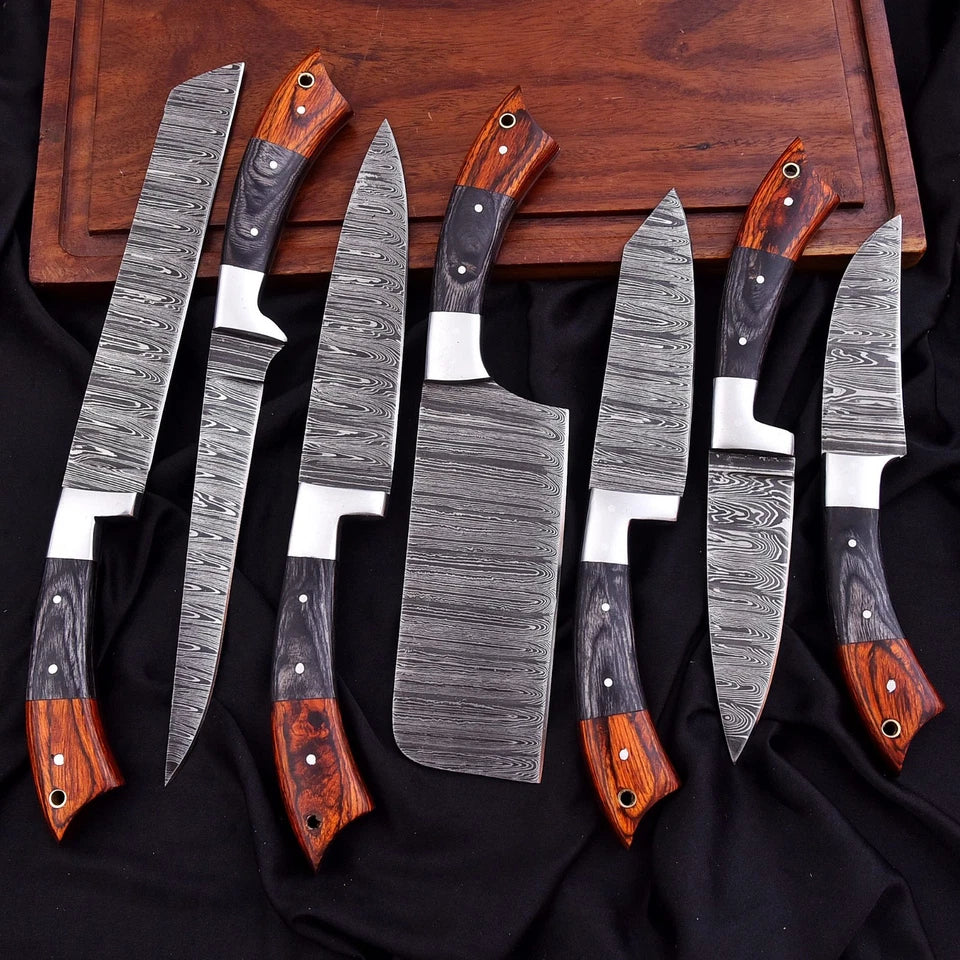 Custom Handmade Damascus Steel Chef Knife Set – 7-Piece Professional Kitchen Knives with Wood Handles & Leather Bag | Knives Zone
