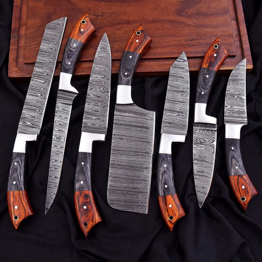 Custom Handmade Damascus Steel Chef Knife Set – 7-Piece Professional Kitchen Knives with Wood Handles & Leather Bag | Knives Zone