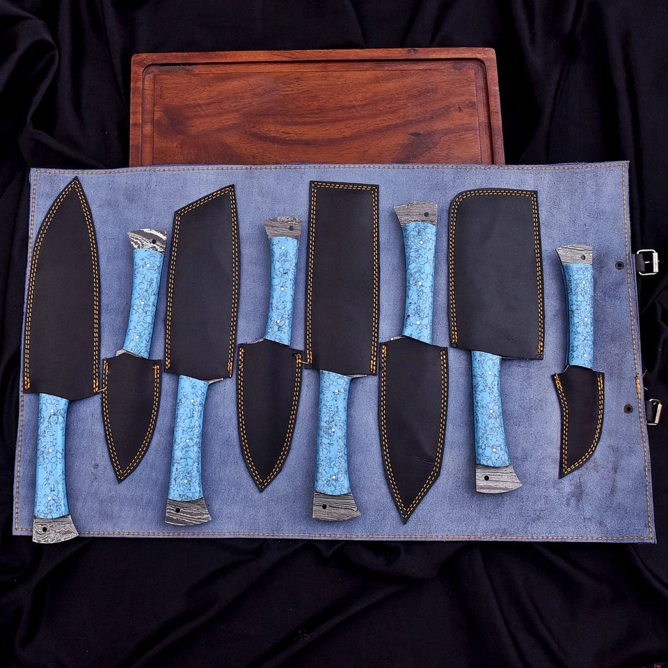 Custom Handmade Damascus Steel Chef Knife Set – 8-Piece Professional Kitchen Knives with Turquoise Resin Handles | Knives Zone
