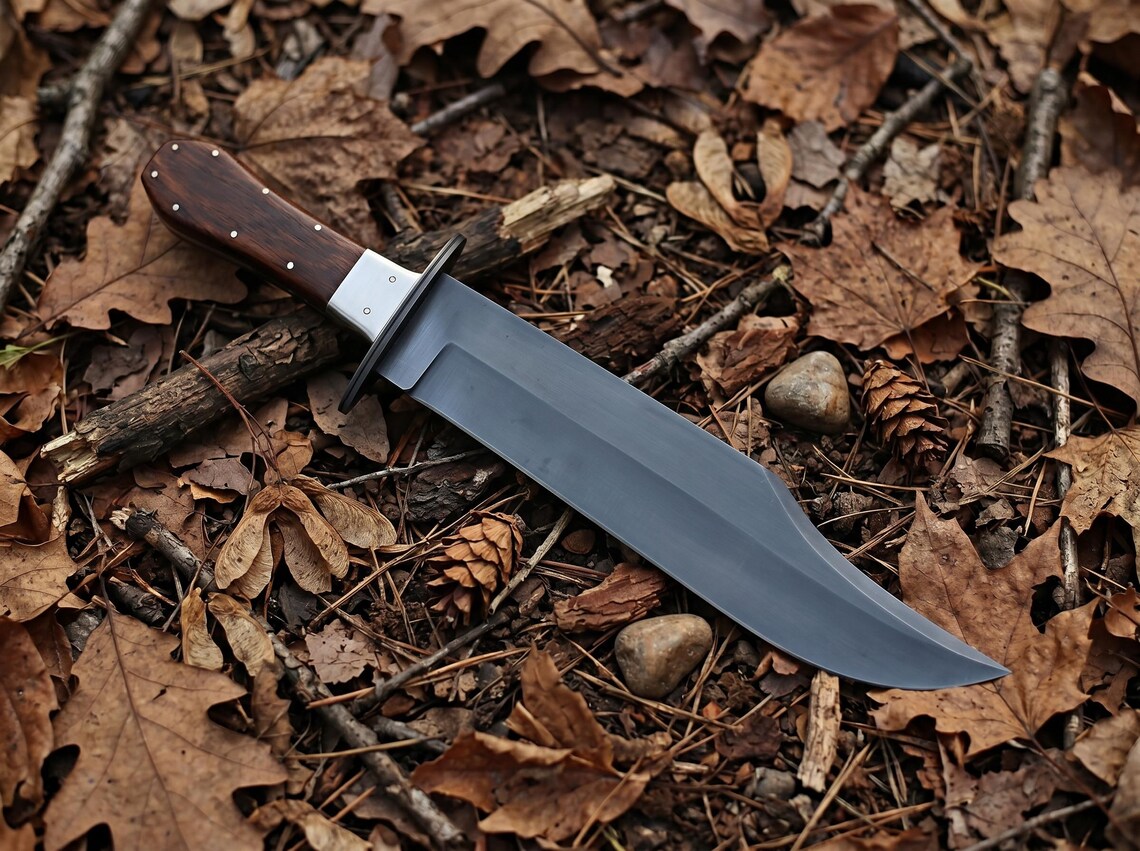 Knife with a wooden handle on a bed of leaves and twigs