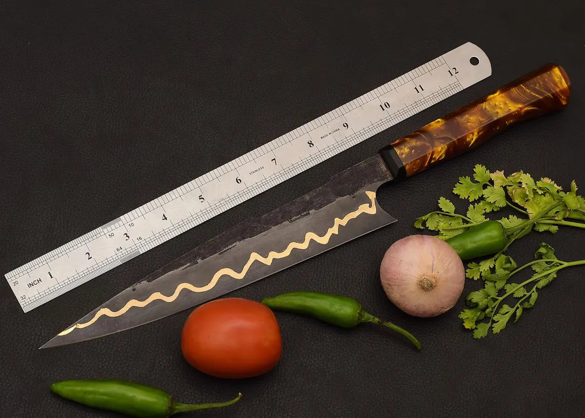 Handmade Copper Damascus Chef Knife 14" | Amber Resin Handle Kitchen Knife with Leather Sheath