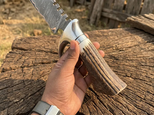 18" Handmade Copper Damascus Bowie Knife with Stag Antler Handle | Custom Fixed Blade Hunting & Collector Knife