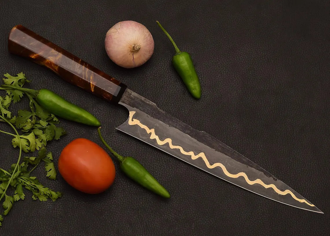 Handmade Copper Damascus Chef Knife 14" | Amber Resin Handle Kitchen Knife with Leather Sheath