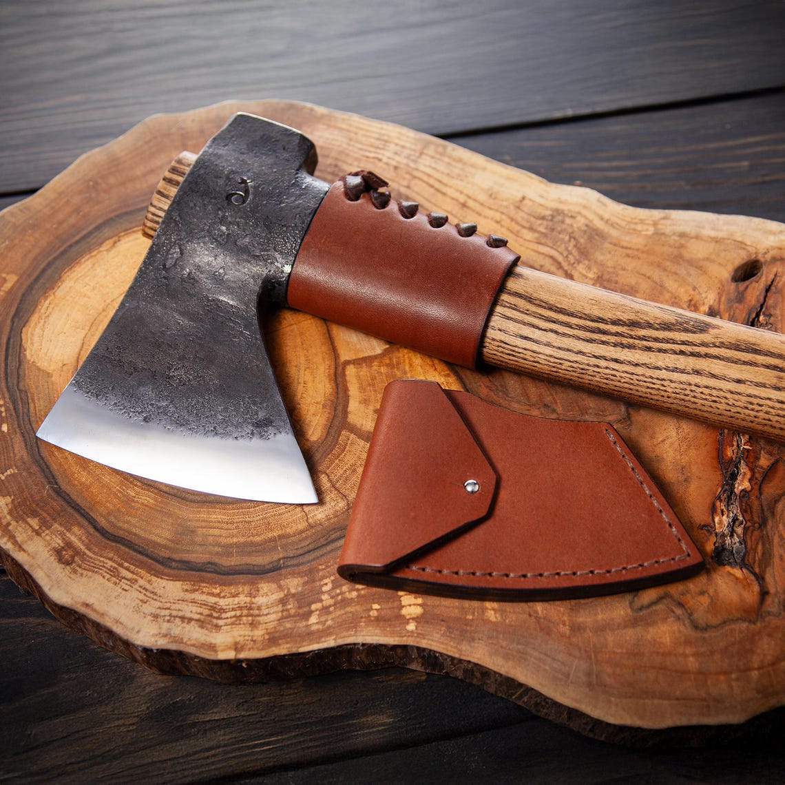 Knives Zone Hand-Forged Camp Axe with Hammer Poll – Carbon Steel Bushcraft Axe with Leather Sheath
