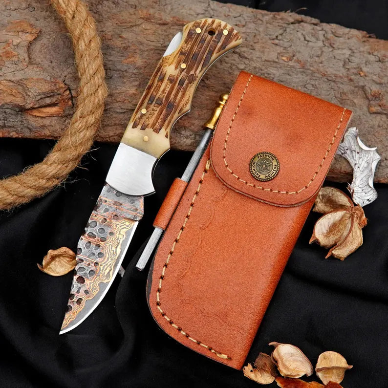 Handcrafted Damascus Pocket Knife with Bone Handle | Back Lock Folding EDC Knife