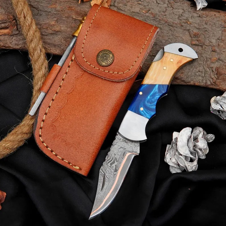 Handmade Damascus Steel Folding Knife with Blue Olive Resin & Natural Wood Handle | Premium EDC Pocket Knife