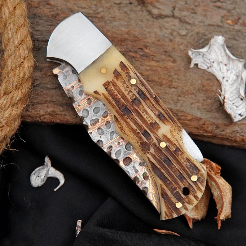 Handcrafted Damascus Pocket Knife with Bone Handle | Back Lock Folding EDC Knife