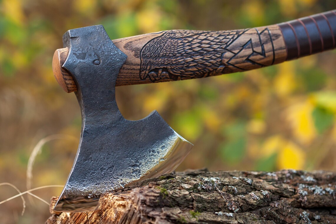 Odin Baltic Hand-Forged Axe – 18.5" Carved Ash Wood Camping Hatchet with Leather Sheath