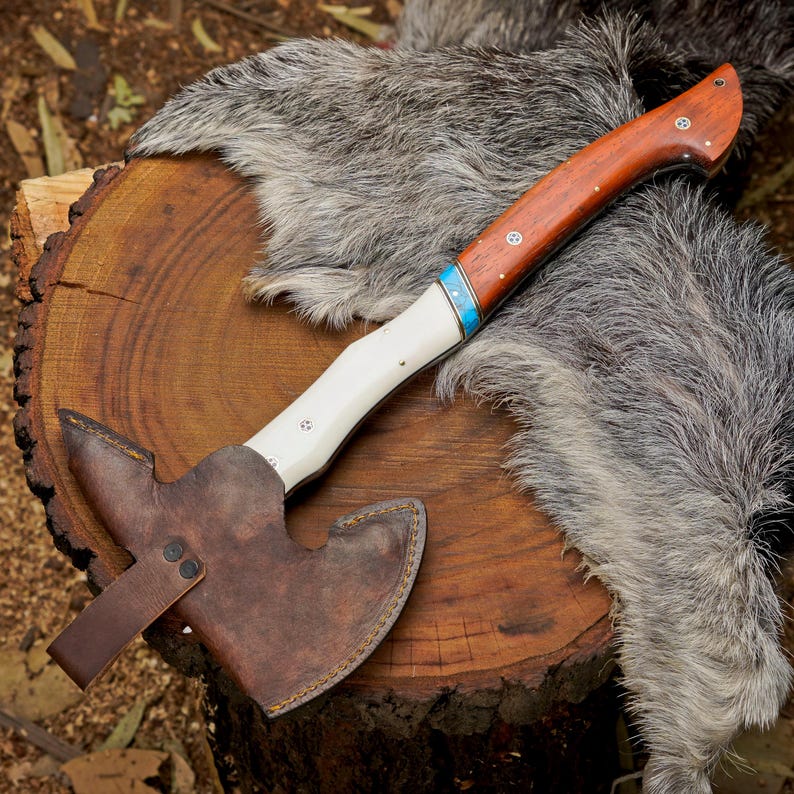 Handmade 1095 High Carbon Steel Camping Hatchet | Paddock Wood Handle Bushcraft Axe with Leather Sheath