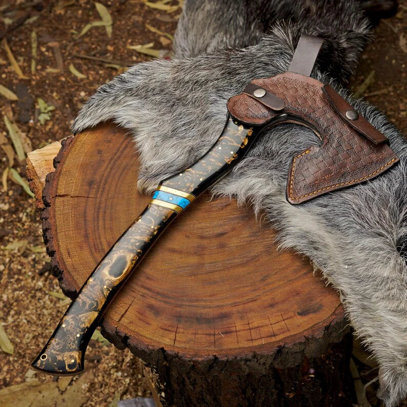 Handcrafted Camping Hatchet Axe with Resin & Turquoise Handle | 1095 High Carbon Steel Hunting Axe with Leather Sheath